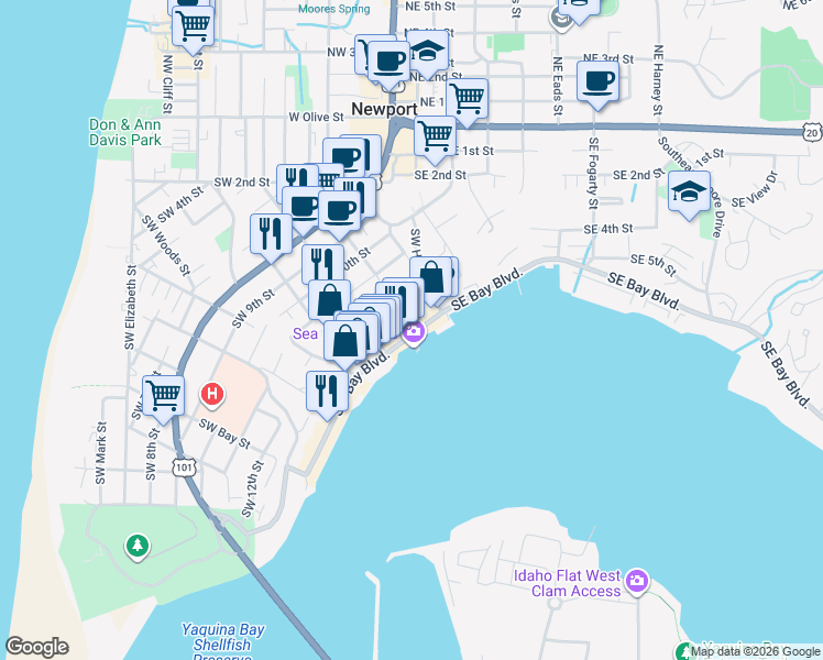 map of restaurants, bars, coffee shops, grocery stores, and more near 342 Southwest Coast Highway in Newport