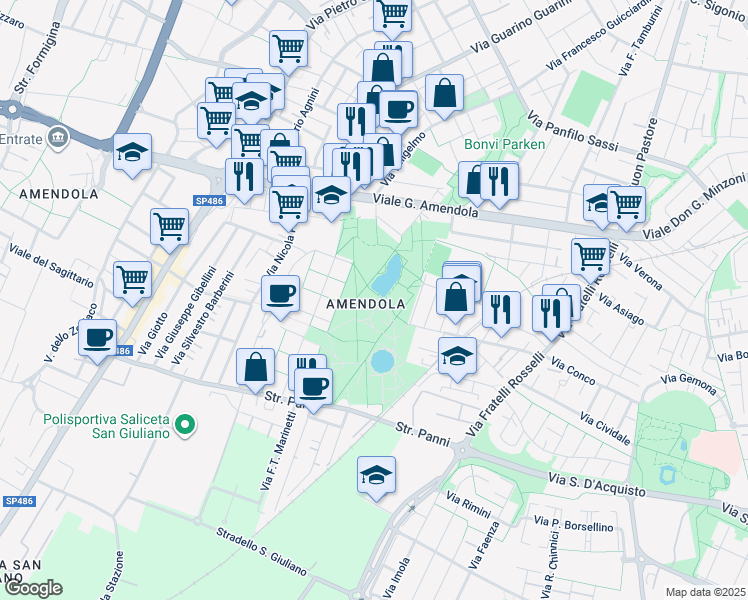 map of restaurants, bars, coffee shops, grocery stores, and more near 52 Via Simone Martini in Modena