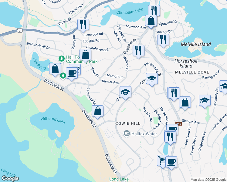 map of restaurants, bars, coffee shops, grocery stores, and more near 18 Withrod Drive in Halifax