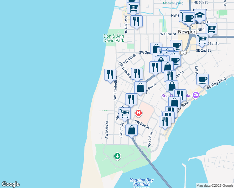 map of restaurants, bars, coffee shops, grocery stores, and more near 744 Southwest Elizabeth Street in Newport