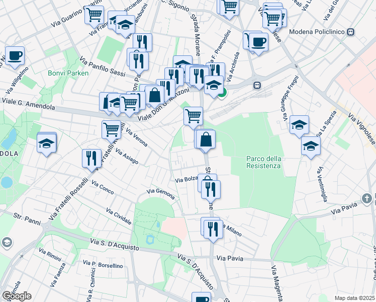 map of restaurants, bars, coffee shops, grocery stores, and more near 72 Via Udine in Modena