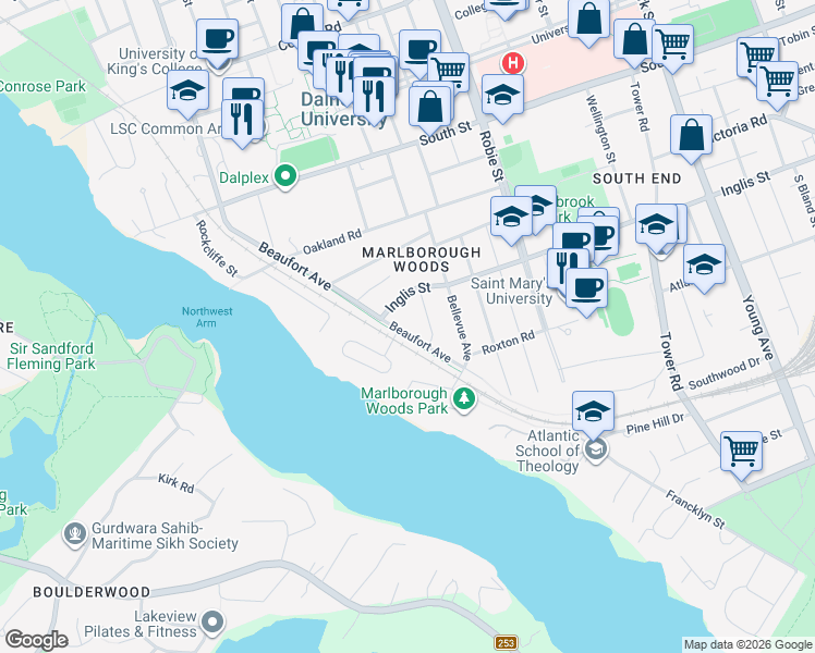 map of restaurants, bars, coffee shops, grocery stores, and more near 981 Beaufort Avenue in Halifax