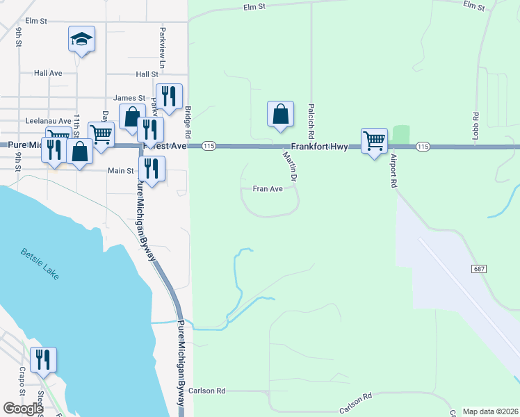 map of restaurants, bars, coffee shops, grocery stores, and more near 1274 Martin Drive in Frankfort