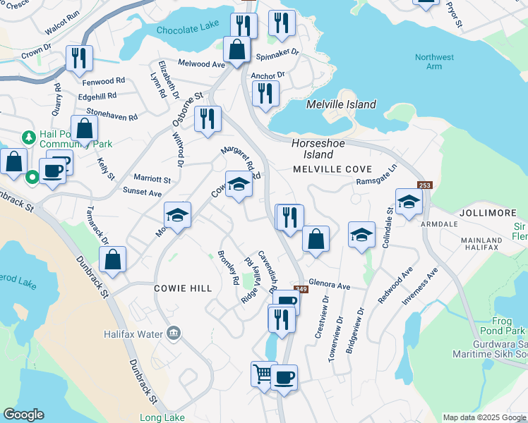 map of restaurants, bars, coffee shops, grocery stores, and more near 105 Herring Cove Road in Halifax