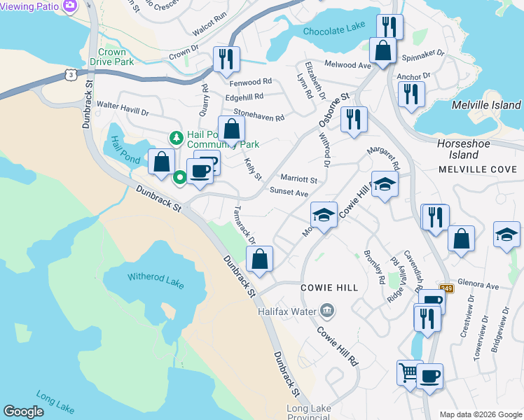 map of restaurants, bars, coffee shops, grocery stores, and more near 16 White Dove Court in Halifax