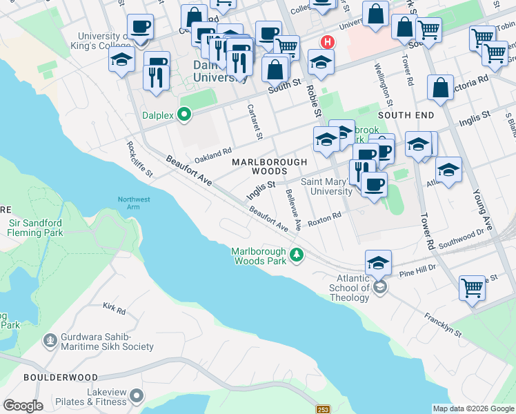 map of restaurants, bars, coffee shops, grocery stores, and more near 985 Beaufort Avenue in Halifax