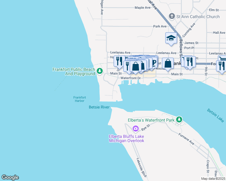map of restaurants, bars, coffee shops, grocery stores, and more near 100 Coast Guard Road in Frankfort