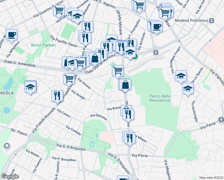 map of restaurants, bars, coffee shops, grocery stores, and more near 72 Via Udine in Modena