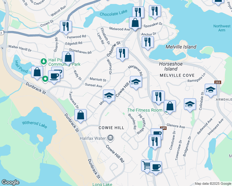 map of restaurants, bars, coffee shops, grocery stores, and more near 177 Cowie Hill Road in Halifax