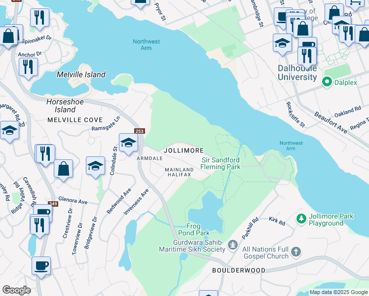 map of restaurants, bars, coffee shops, grocery stores, and more near 17 Dingle Road in Halifax