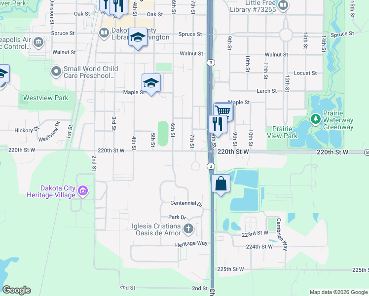 map of restaurants, bars, coffee shops, grocery stores, and more near 1014 7th Street in Farmington