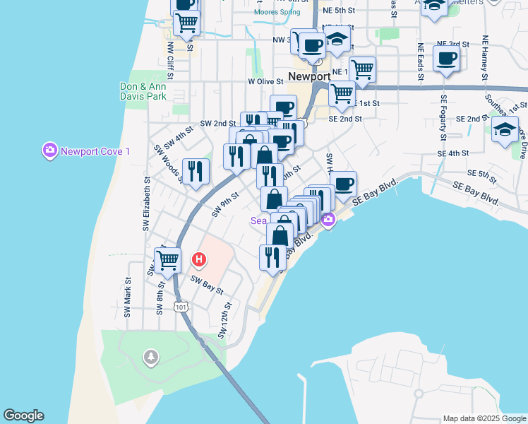 map of restaurants, bars, coffee shops, grocery stores, and more near 501 Southwest 11th Street in Newport