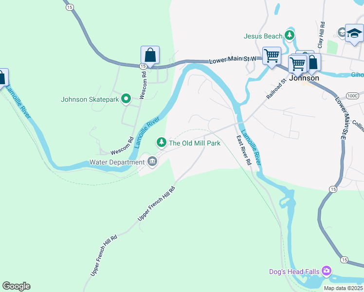 map of restaurants, bars, coffee shops, grocery stores, and more near Railroad Street in Johnson