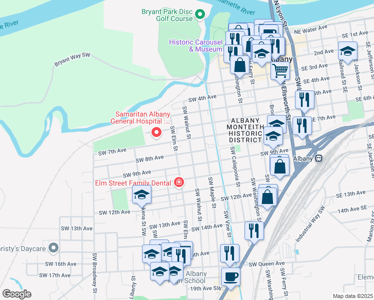 map of restaurants, bars, coffee shops, grocery stores, and more near 732 Southwest Walnut Street in Albany