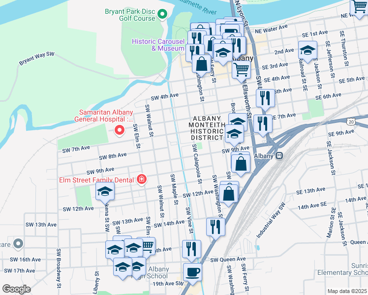 map of restaurants, bars, coffee shops, grocery stores, and more near 638 8th Avenue Southwest in Albany