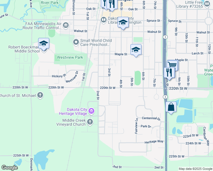 map of restaurants, bars, coffee shops, grocery stores, and more near 1020 3rd Street in Farmington