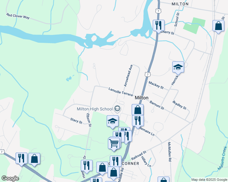map of restaurants, bars, coffee shops, grocery stores, and more near 109 Arrowhead Avenue in Milton