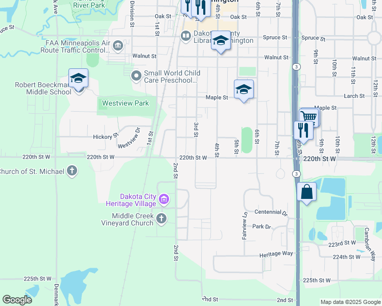 map of restaurants, bars, coffee shops, grocery stores, and more near 1020 3rd Street in Farmington
