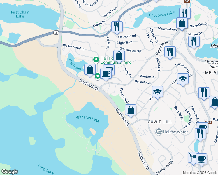 map of restaurants, bars, coffee shops, grocery stores, and more near Trimble Court in Halifax