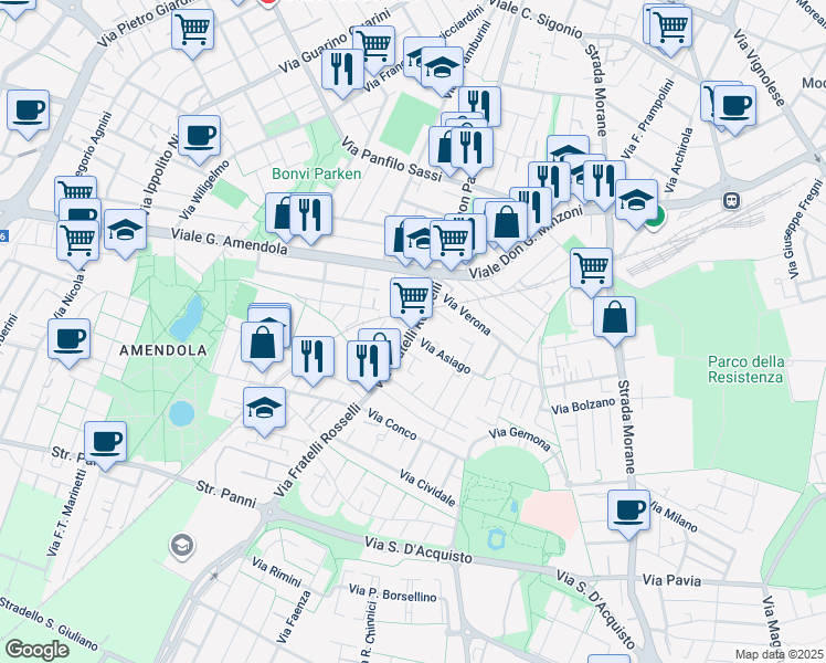 map of restaurants, bars, coffee shops, grocery stores, and more near 98 Via Fratelli Rosselli in Modena