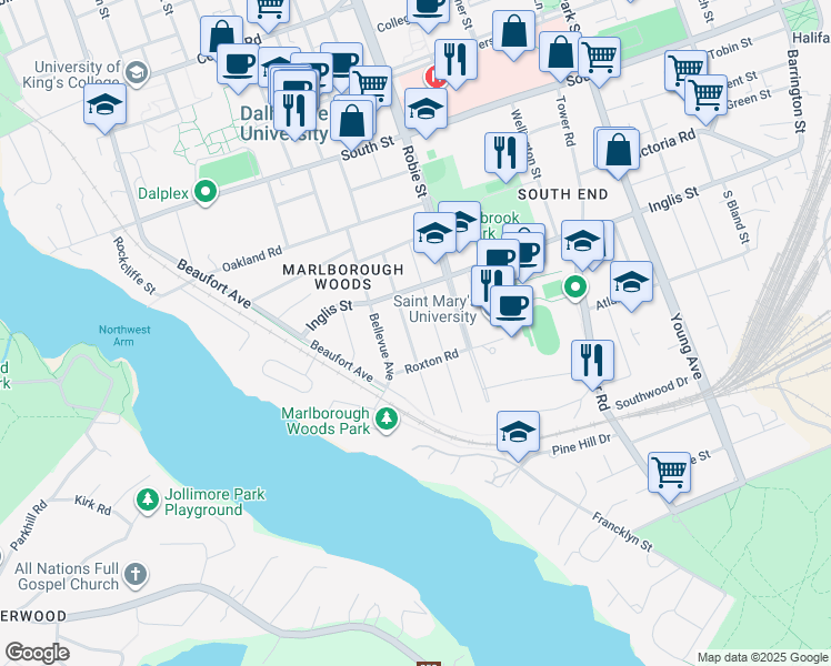 map of restaurants, bars, coffee shops, grocery stores, and more near 941 Greenwood Avenue in Halifax