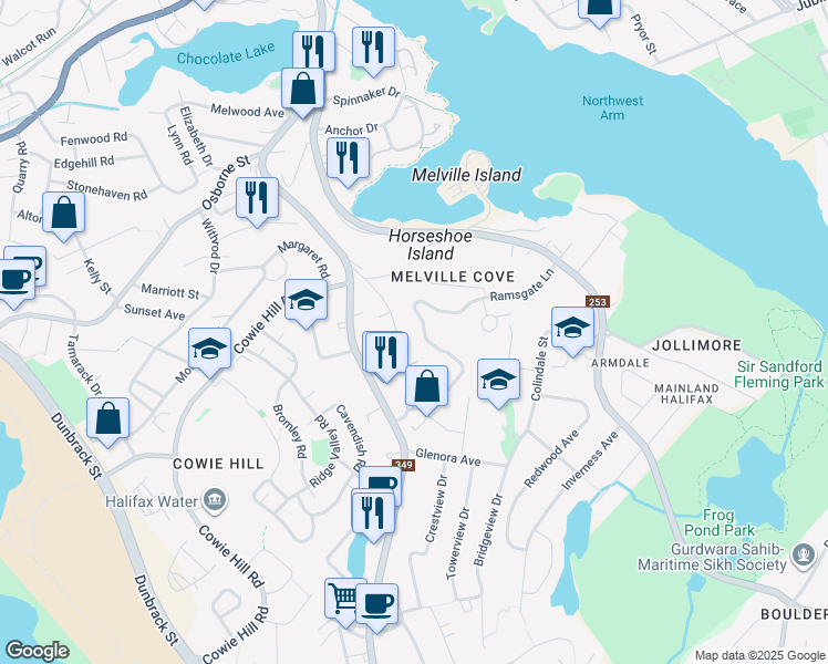 map of restaurants, bars, coffee shops, grocery stores, and more near 22 Winchester Avenue in Halifax