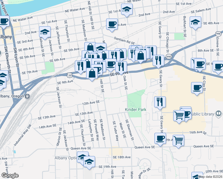 map of restaurants, bars, coffee shops, grocery stores, and more near SE Main St & SE 11th Ave in Albany