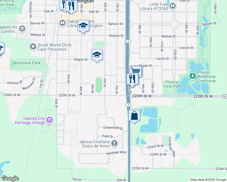 map of restaurants, bars, coffee shops, grocery stores, and more near 1014 7th Street in Farmington