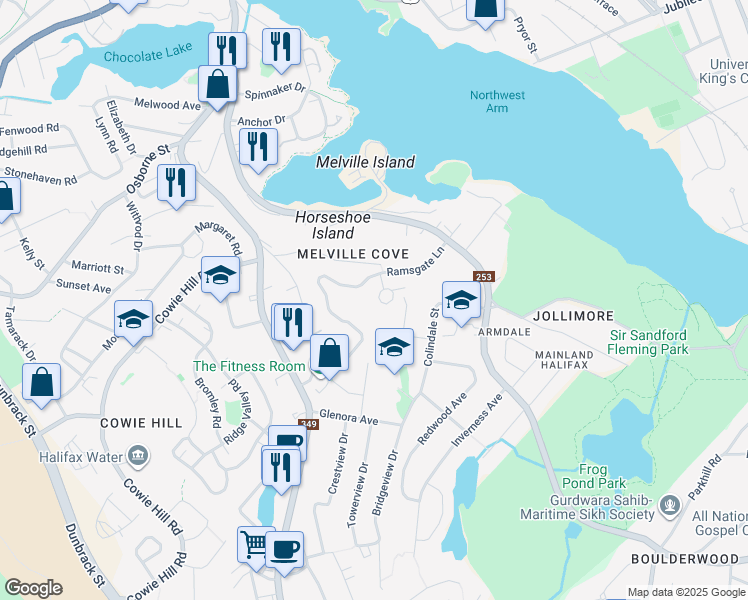 map of restaurants, bars, coffee shops, grocery stores, and more near 4 Ramsgate Lane in Halifax