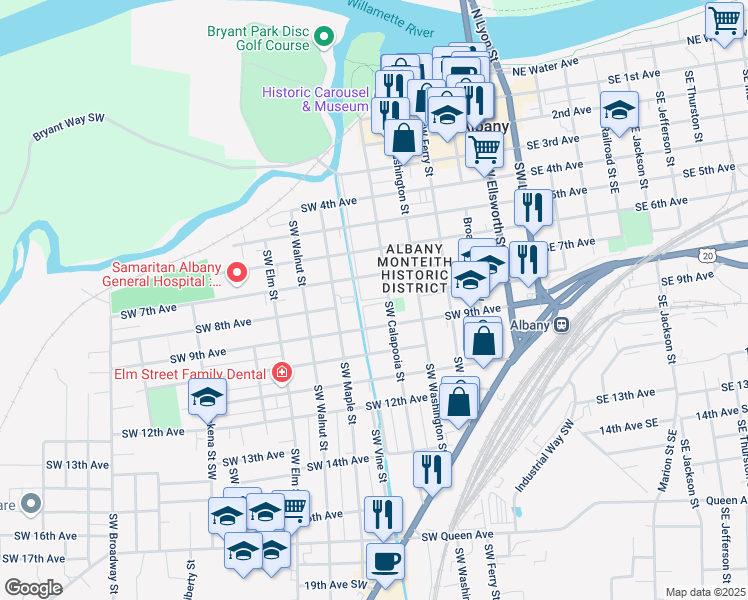 map of restaurants, bars, coffee shops, grocery stores, and more near 638 8th Avenue Southwest in Albany