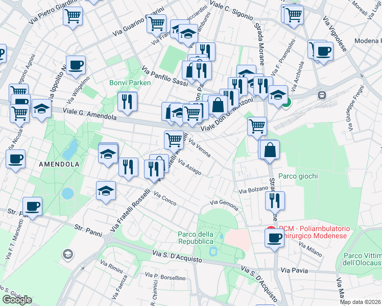 map of restaurants, bars, coffee shops, grocery stores, and more near 40 Via Murano in Modena