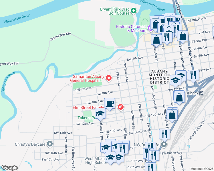 map of restaurants, bars, coffee shops, grocery stores, and more near 1086 Southwest 7th Avenue in Albany