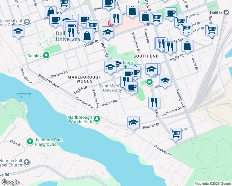 map of restaurants, bars, coffee shops, grocery stores, and more near 934 Robie Street in Halifax