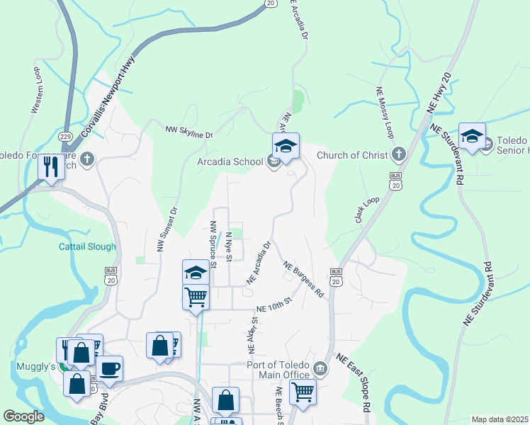 map of restaurants, bars, coffee shops, grocery stores, and more near 1404-1696 Northeast Arcadia Drive in Toledo