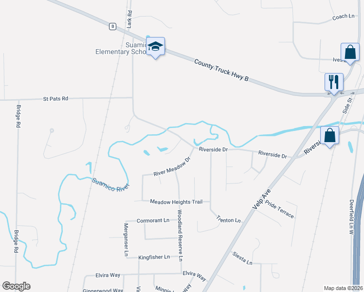 map of restaurants, bars, coffee shops, grocery stores, and more near 2038 River Meadow Drive in Green Bay