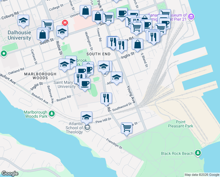 map of restaurants, bars, coffee shops, grocery stores, and more near 876 Bridges Street in Halifax