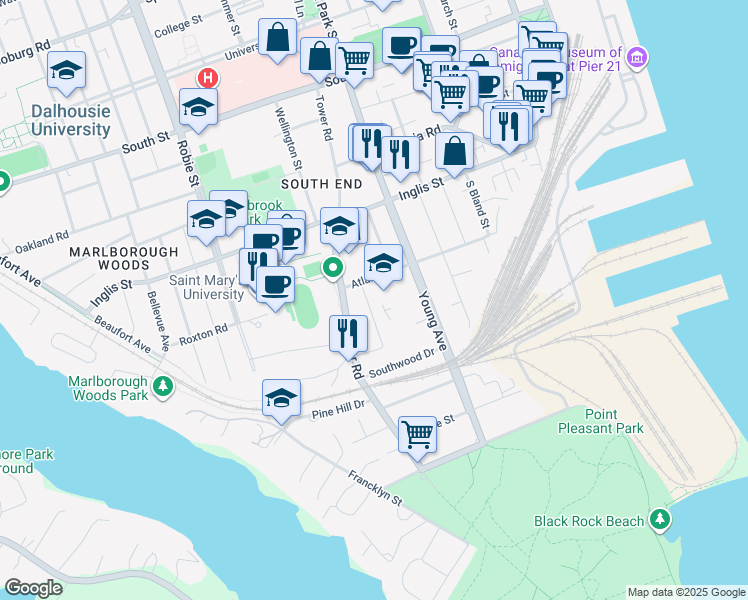 map of restaurants, bars, coffee shops, grocery stores, and more near 851 Bridges Street in Halifax