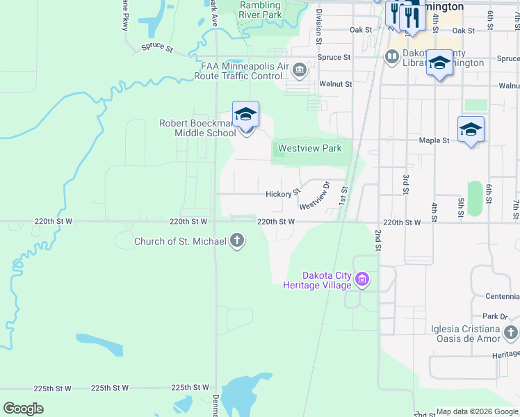 map of restaurants, bars, coffee shops, grocery stores, and more near 4355 220th Street West in Farmington