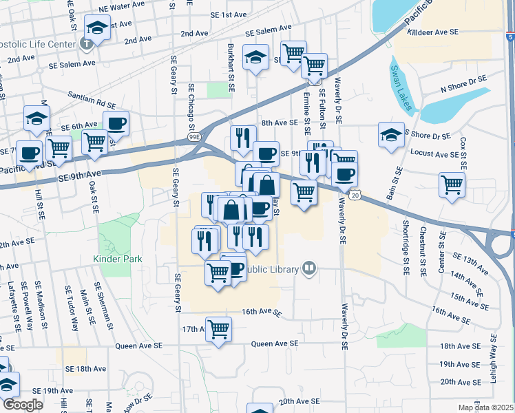 map of restaurants, bars, coffee shops, grocery stores, and more near 2248 Santiam Highway Southeast in Albany