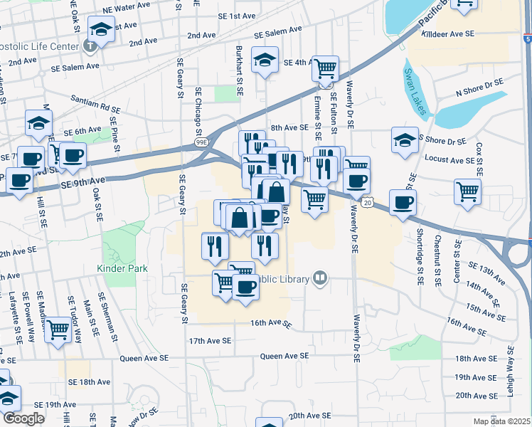 map of restaurants, bars, coffee shops, grocery stores, and more near 2248 Santiam Highway Southeast in Albany