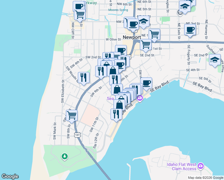 map of restaurants, bars, coffee shops, grocery stores, and more near 501 Southwest 11th Street in Newport