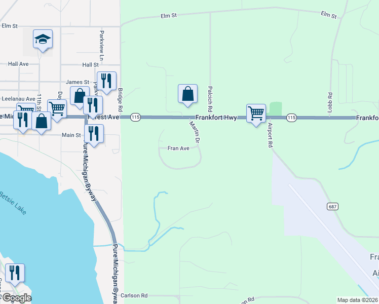 map of restaurants, bars, coffee shops, grocery stores, and more near 1282 Martin Drive in Frankfort