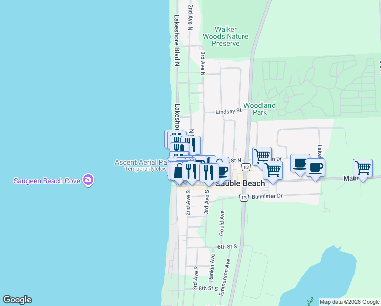 map of restaurants, bars, coffee shops, grocery stores, and more near 122 2nd Avenue North in Sauble Beach