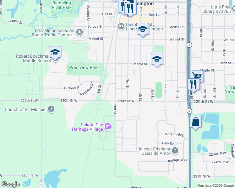 map of restaurants, bars, coffee shops, grocery stores, and more near 1009 2nd Street in Farmington