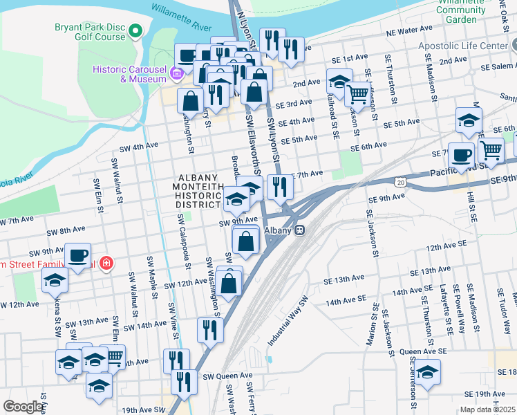 map of restaurants, bars, coffee shops, grocery stores, and more near 822 Southwest Ellsworth Street in Albany