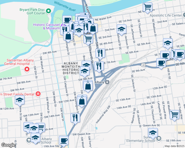 map of restaurants, bars, coffee shops, grocery stores, and more near 822 Southwest Ellsworth Street in Albany