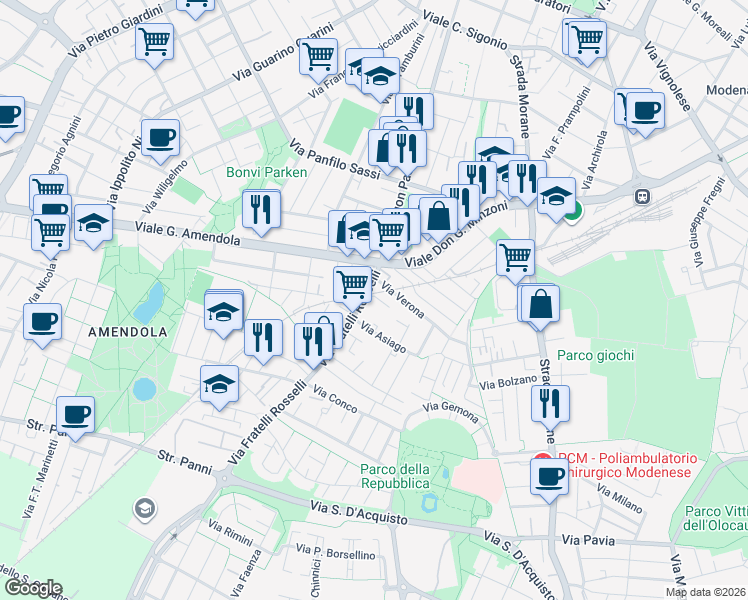map of restaurants, bars, coffee shops, grocery stores, and more near 40 Via Murano in Modena