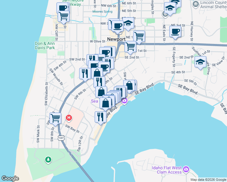 map of restaurants, bars, coffee shops, grocery stores, and more near 401-499 Southwest 12th Street in Newport