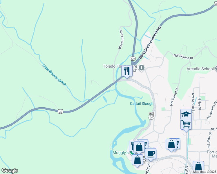 map of restaurants, bars, coffee shops, grocery stores, and more near U.S. 20 in Toledo