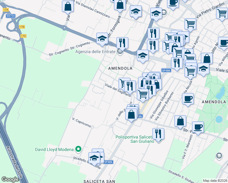 map of restaurants, bars, coffee shops, grocery stores, and more near 234 Traversa a - b - e - f - G. Sagittario in Modena